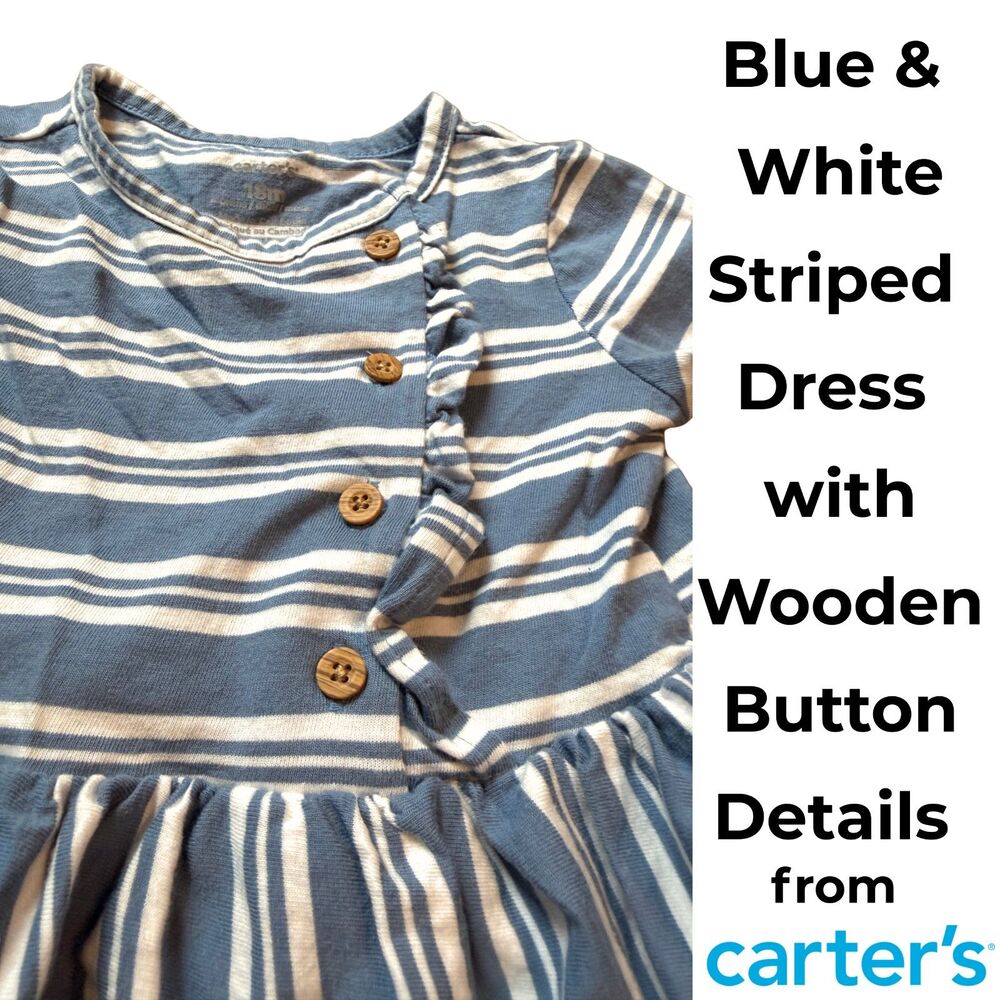 Carter's Girls 18M Blue White Striped Long Sleeve Ruffle Dress